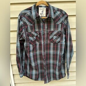 Coastal Men’s Western Shirt Size XL black Blue White Plaid Pearl Snap Butt…